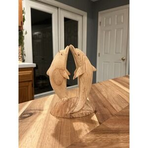 Dolphin Pair Wood Hand Carved Figurine Nautical Coastal‎ Decor